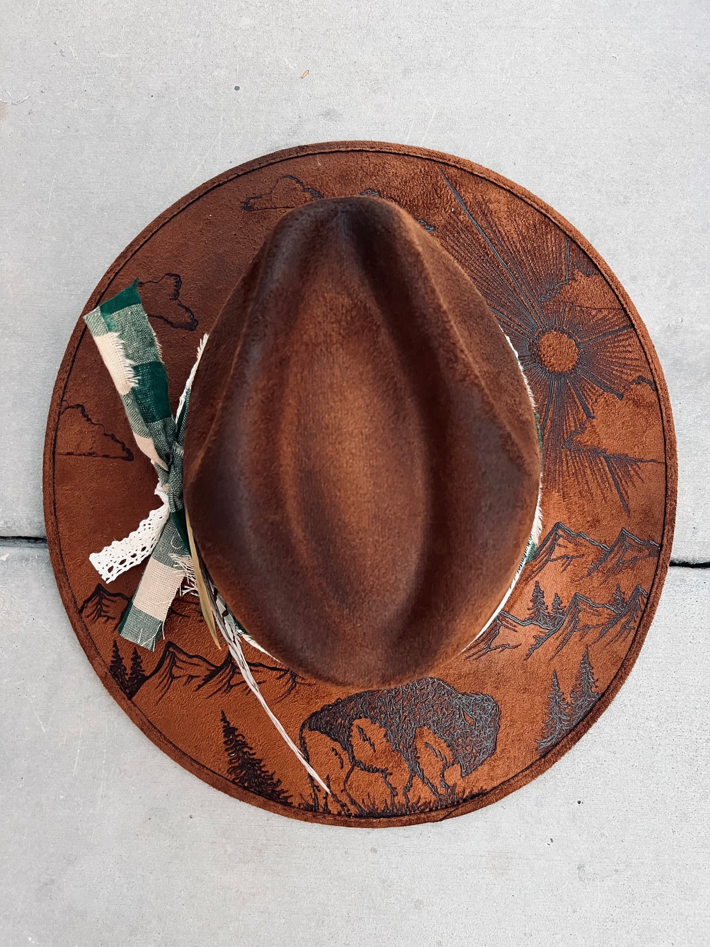 Dark camel buffalo burned accessorized suede wide brim rancher hat
