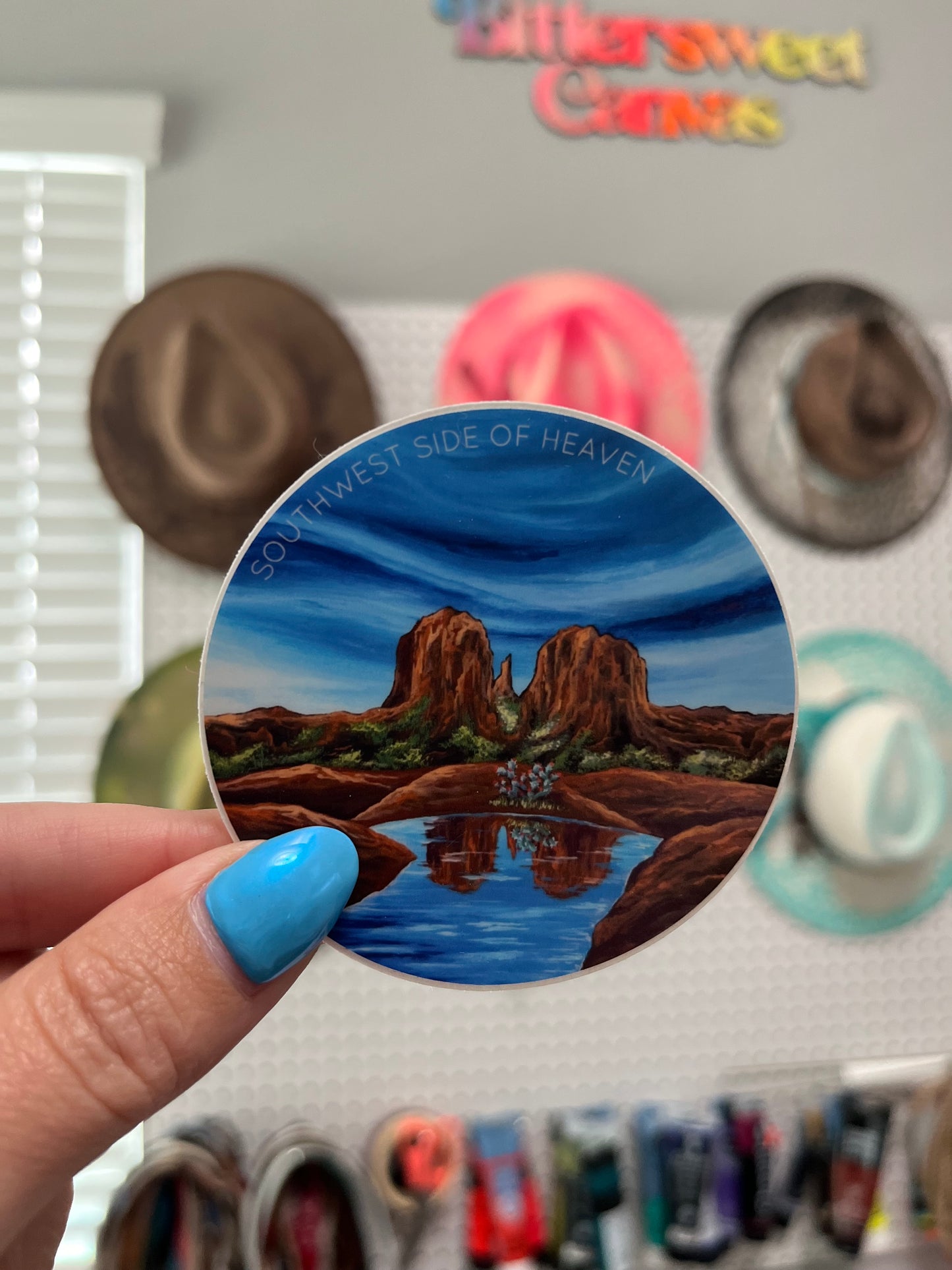 Southwest side of heaven round sticker cactus