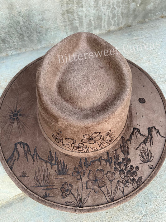 Brown desert poppies burned suede wide brim rancher hat