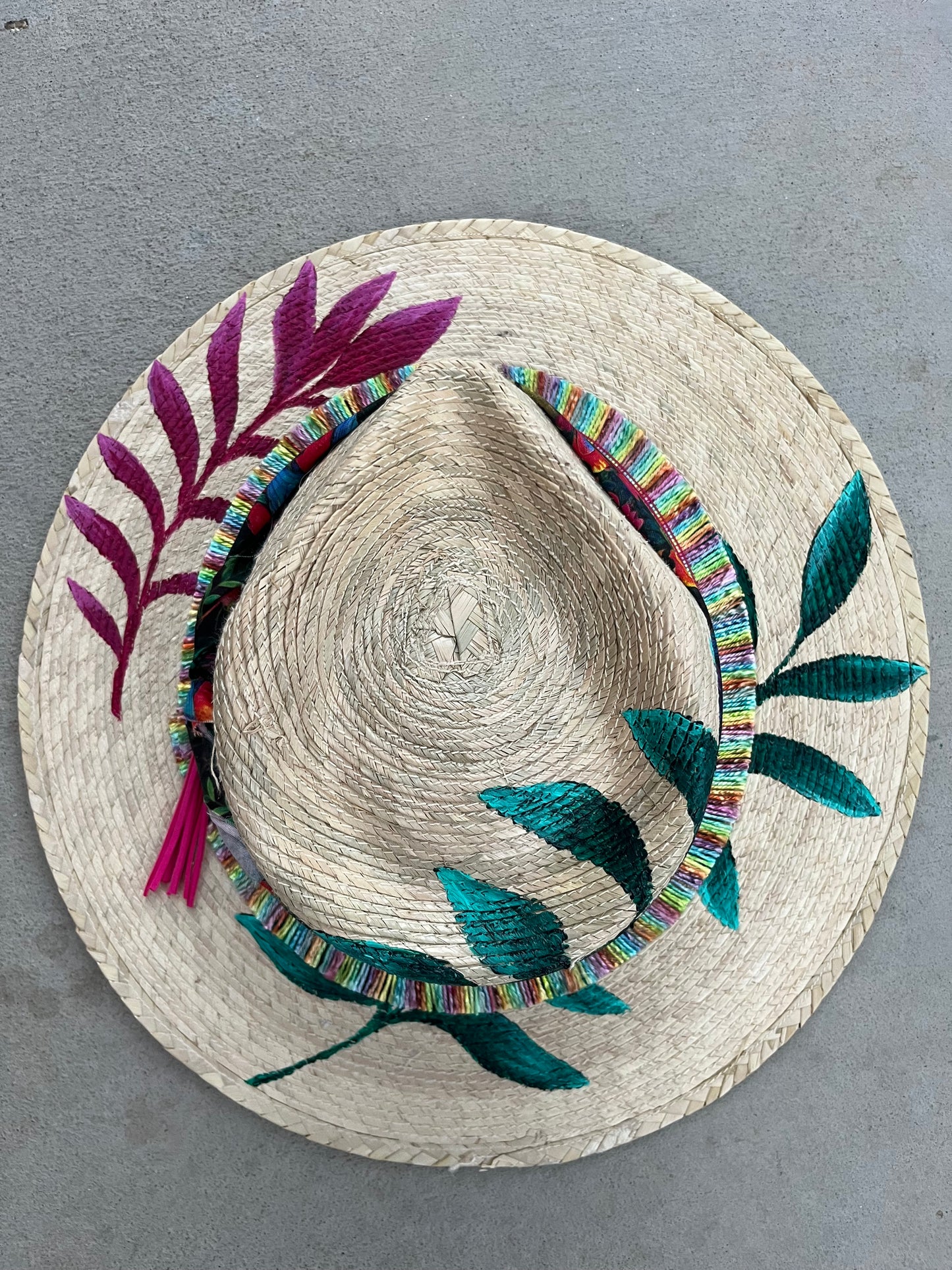 Palm leaf tropical beach straw wide brim rancher hat