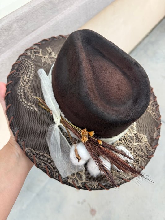 Brown lace overlay suede wide brim rancher hat