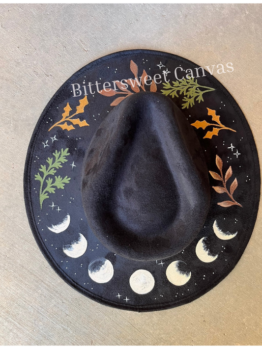 Moon phases autumn black suede wide brim rancher hat