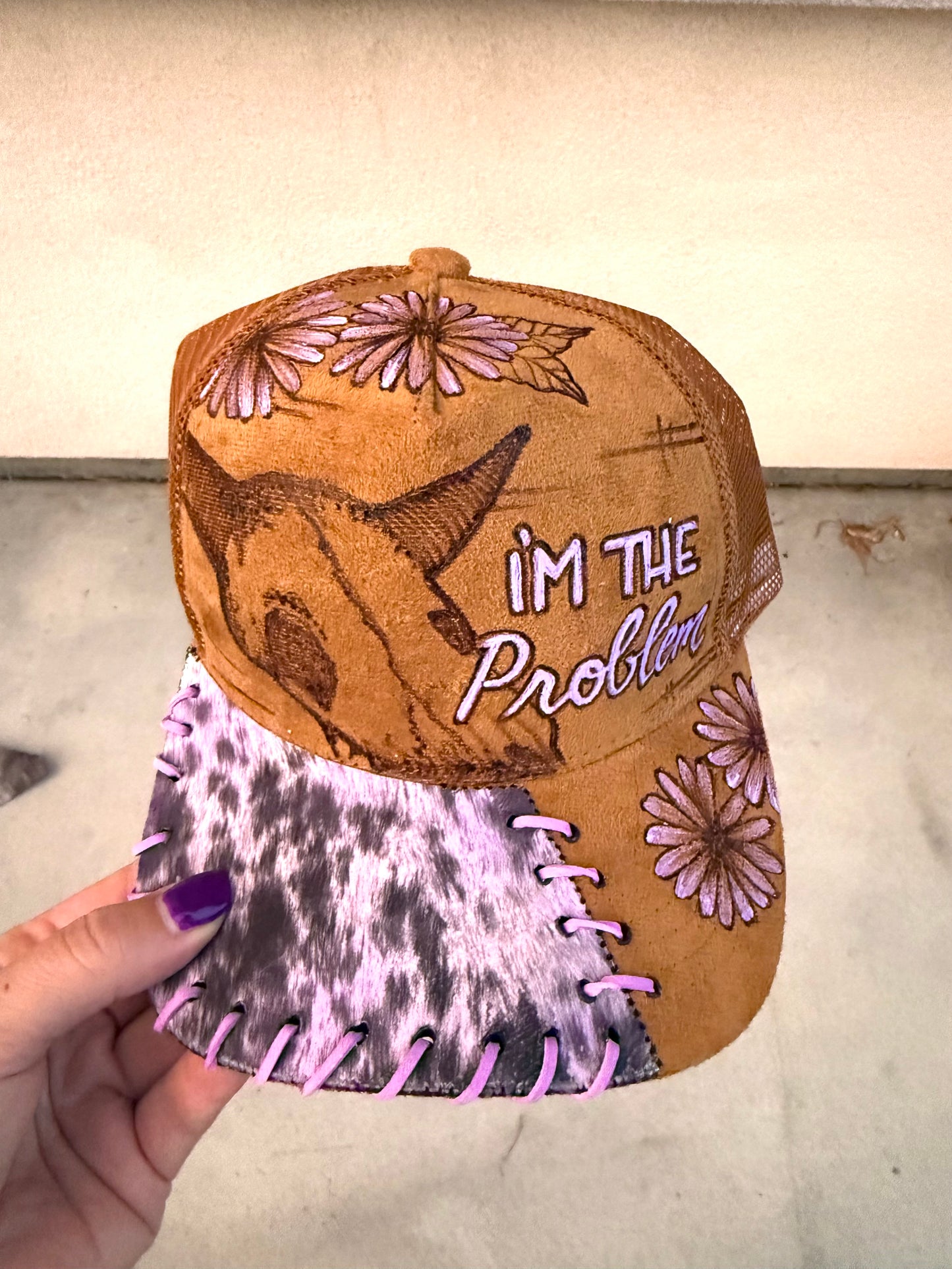 I’m the problem lavender cowhide  trucker hat custom snapback