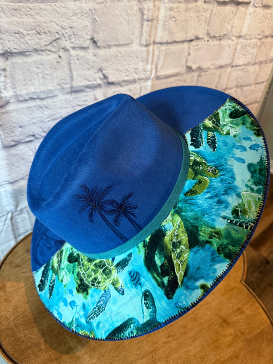 Blue turtle burned wide brim rancher hat