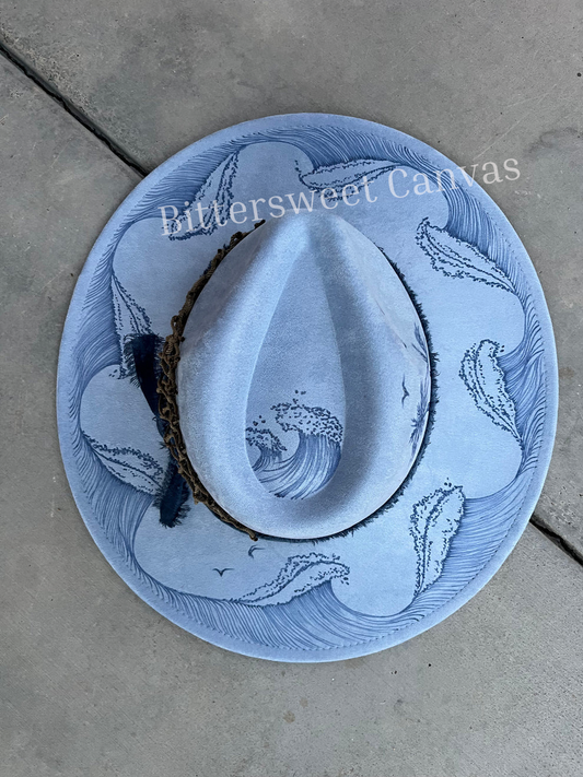 Light blue beach waves burned suede wide brim rancher hat