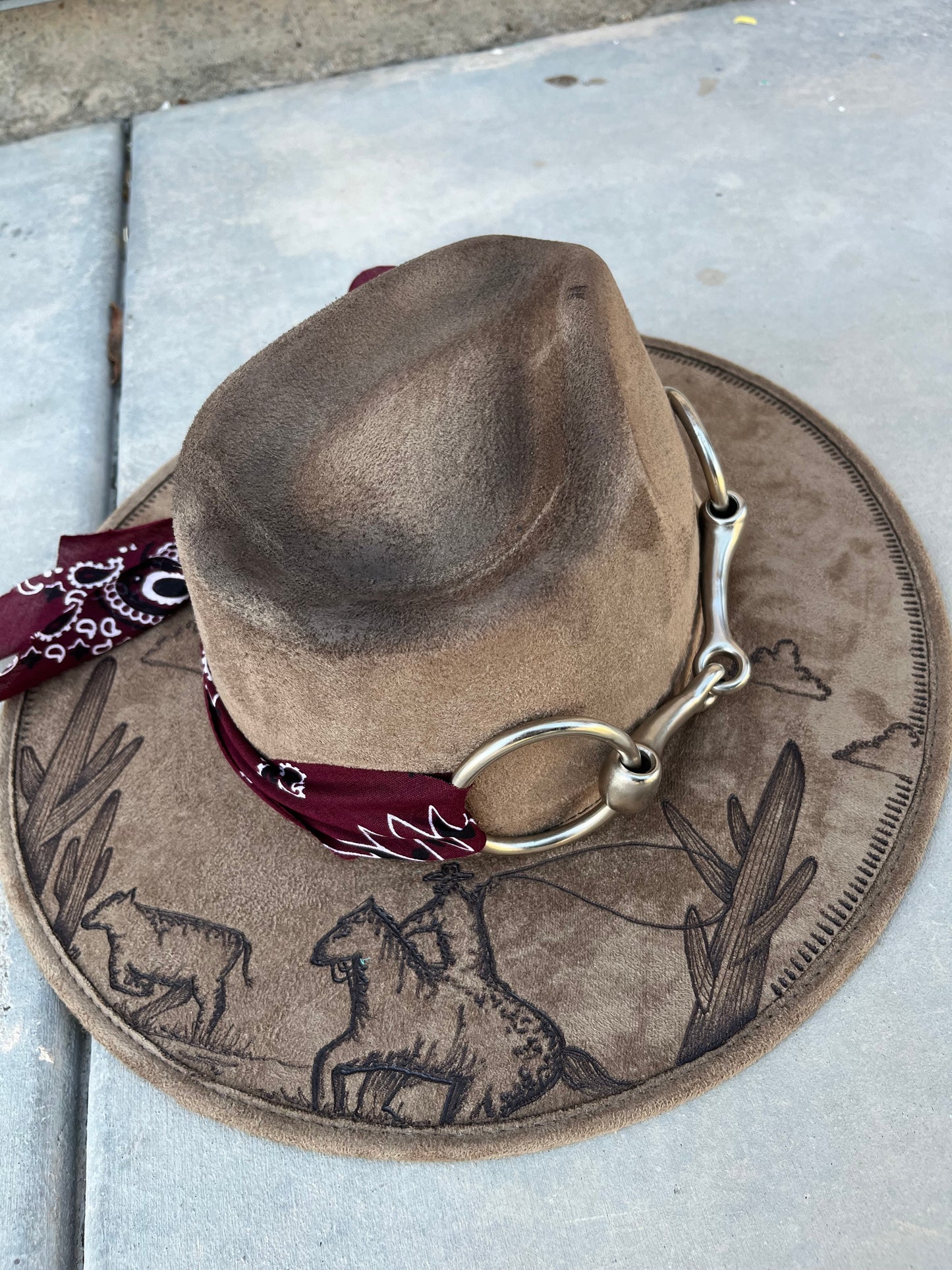 Horse bit cowboy khaki suede wide brim rancher hat