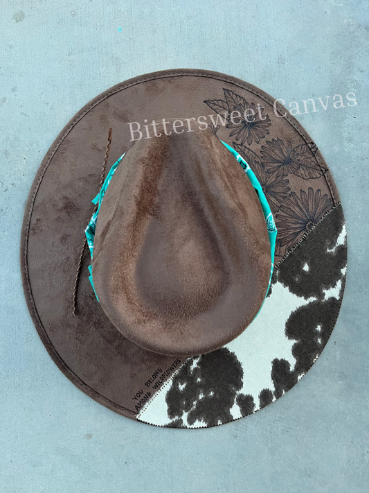 Brown floral cow hide burned fabric lined felt wide brim rancher hat