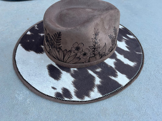 Mocha brown floral cow hide burned suede wide brim rancher hat