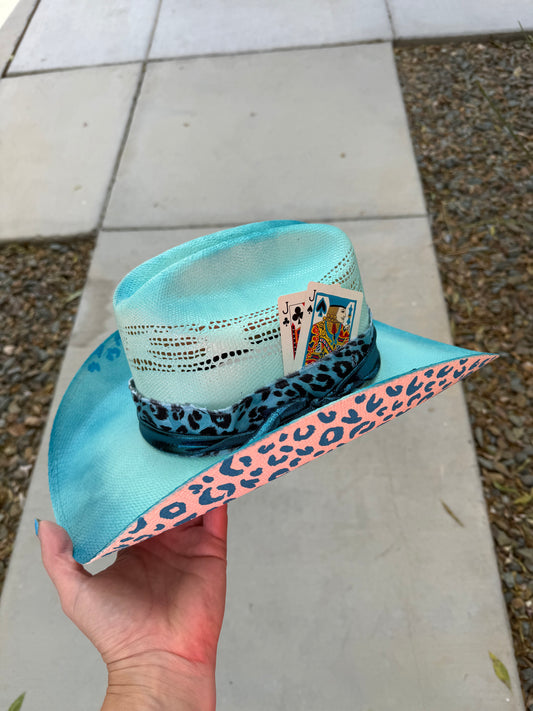 Turquoise leopard straw wide brim cowboy hat