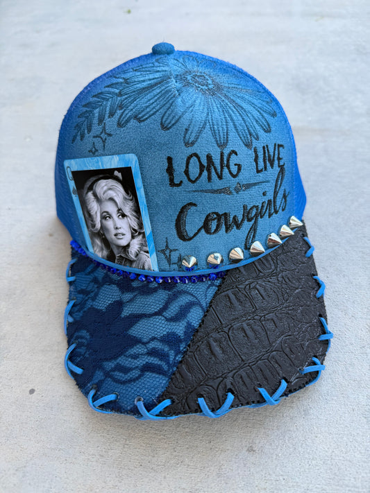 Blue dolly cowgirl burned trucker hat custom ball cap SnapBack