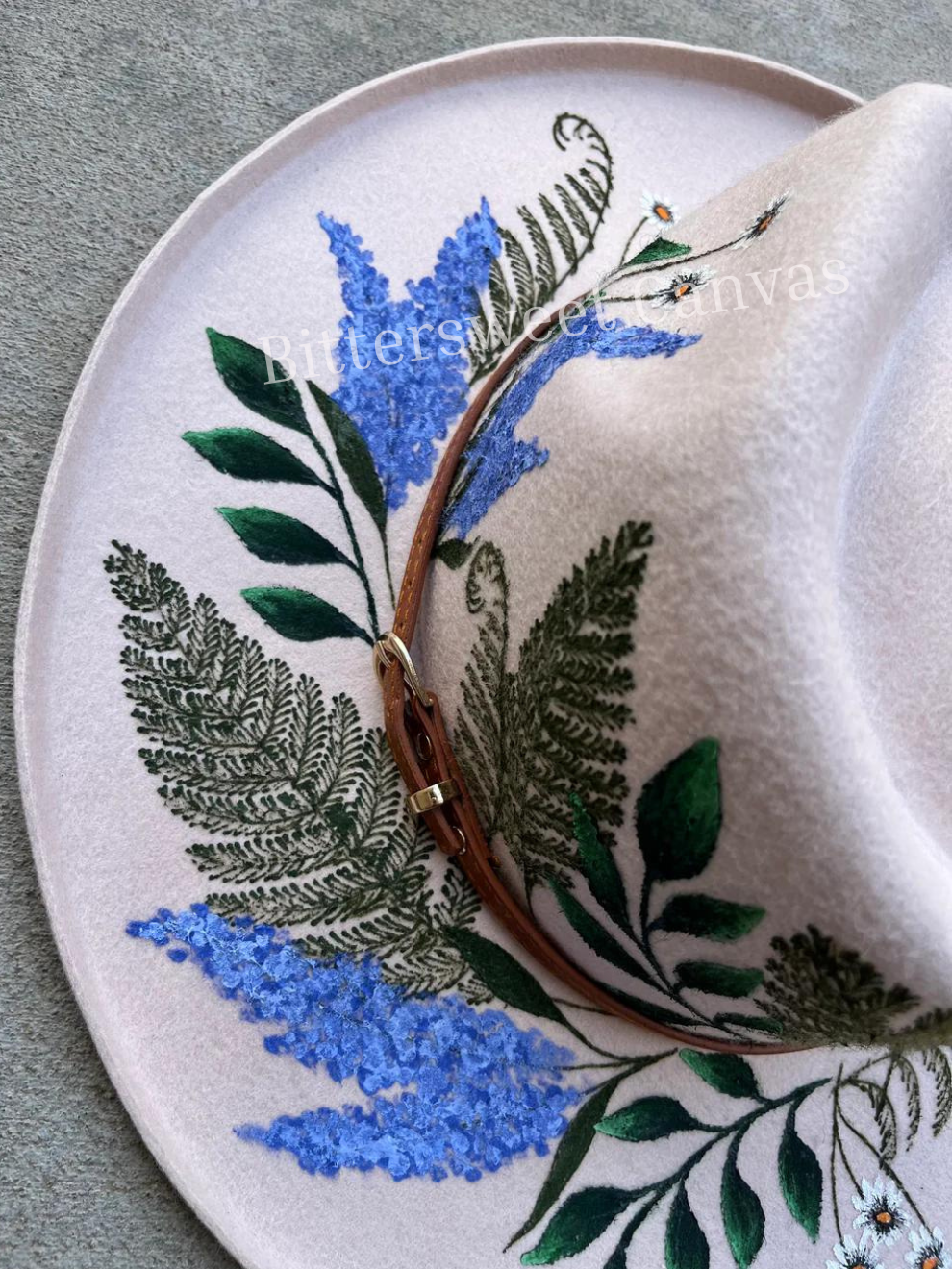 Botanical crown blue ivory suede wide brim rancher hat