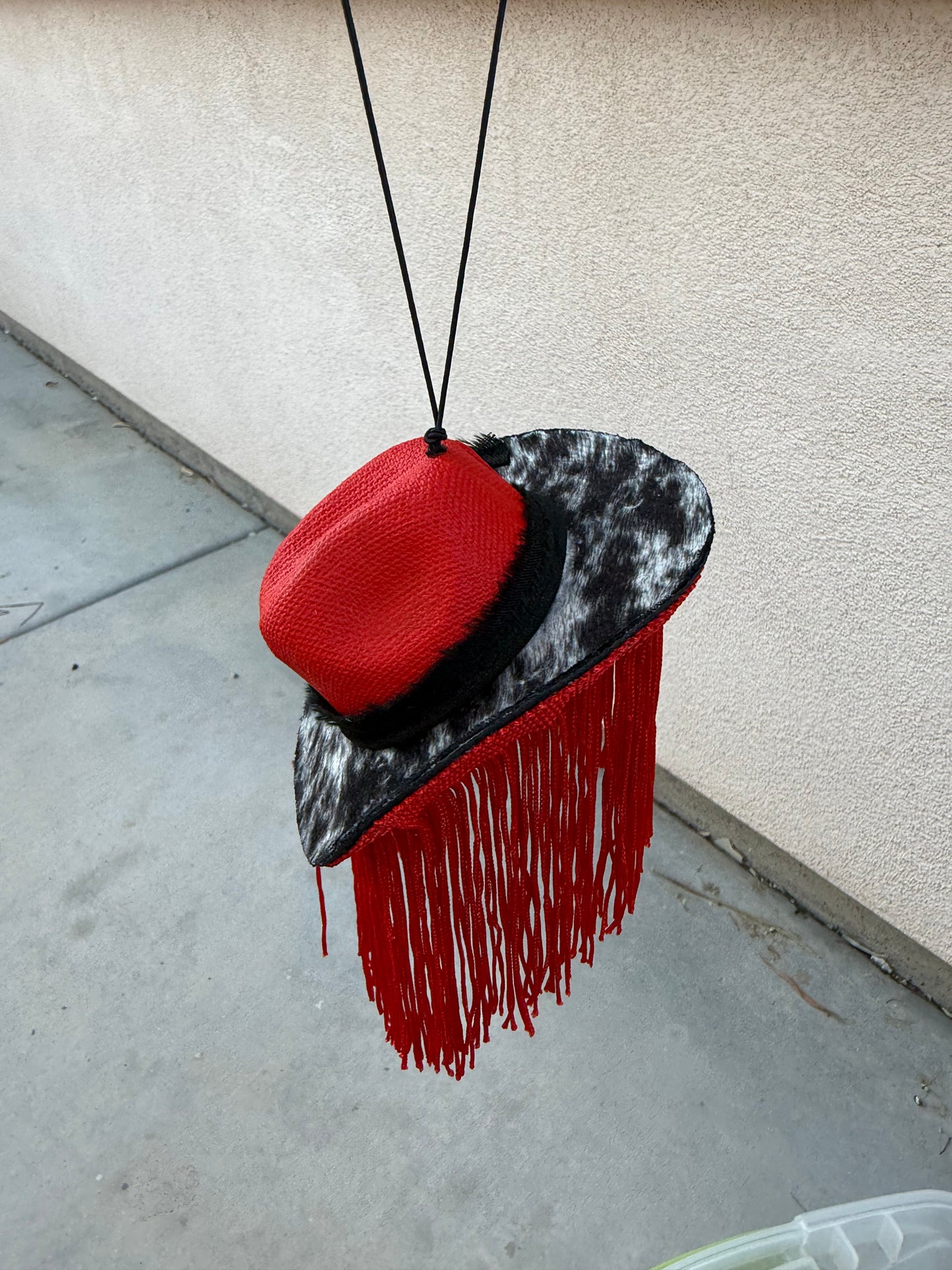 Red cowhide fringe hat rearview mirror charm
