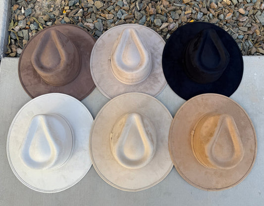 Plain and accessorized suede wide brim rancher hat