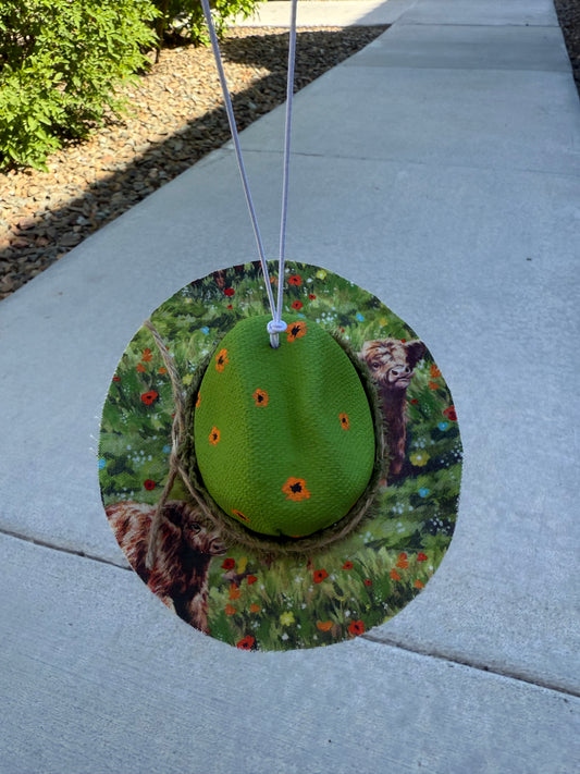 Green highland cow cowboy hat rearview mirror charm