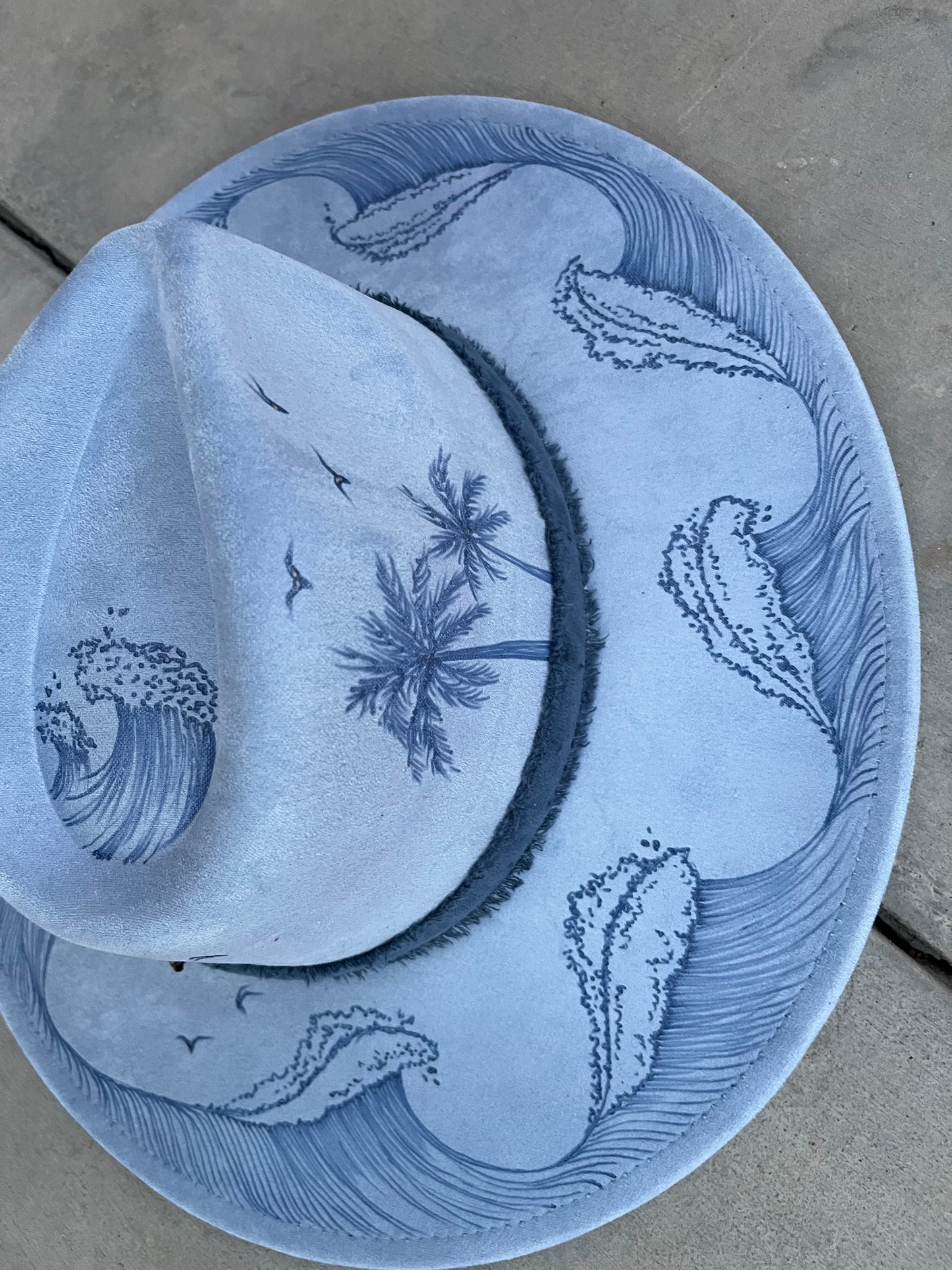 Light blue beach waves burned suede wide brim rancher hat