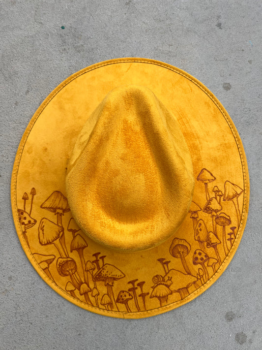 Mustard yellow mushroom burned suede wide brim rancher hat
