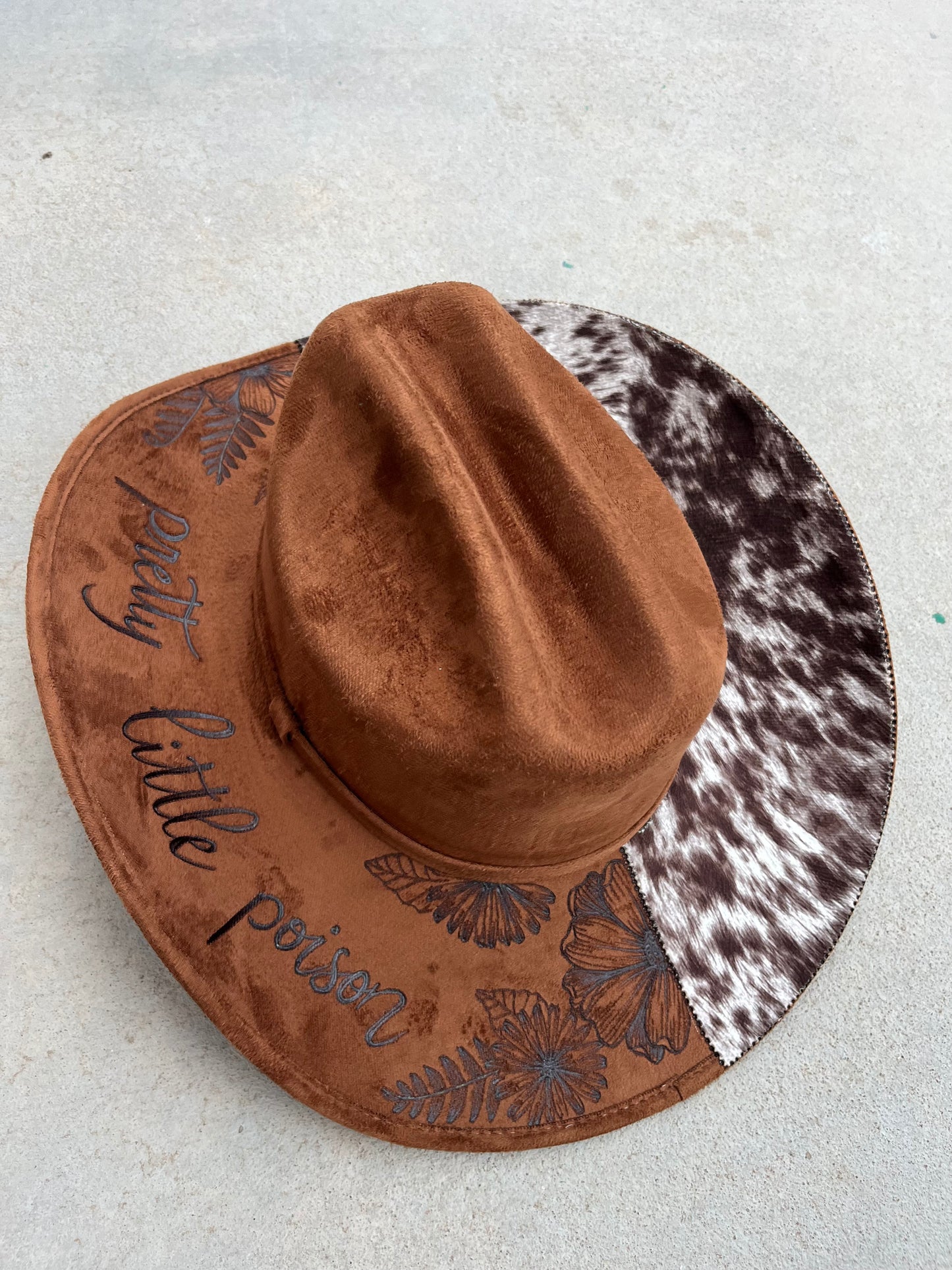 Dark camel pretty little poison Cow hide burned suede wide brim cowboy  hat