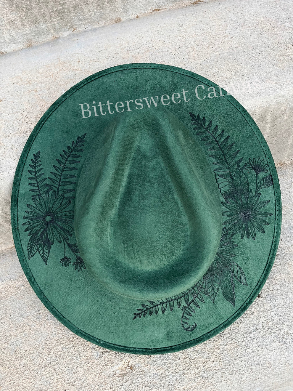 Botanical greenery green burned suede wide brim rancher hat