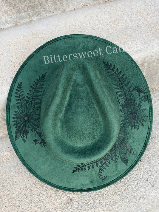 Botanical greenery green burned suede wide brim rancher hat