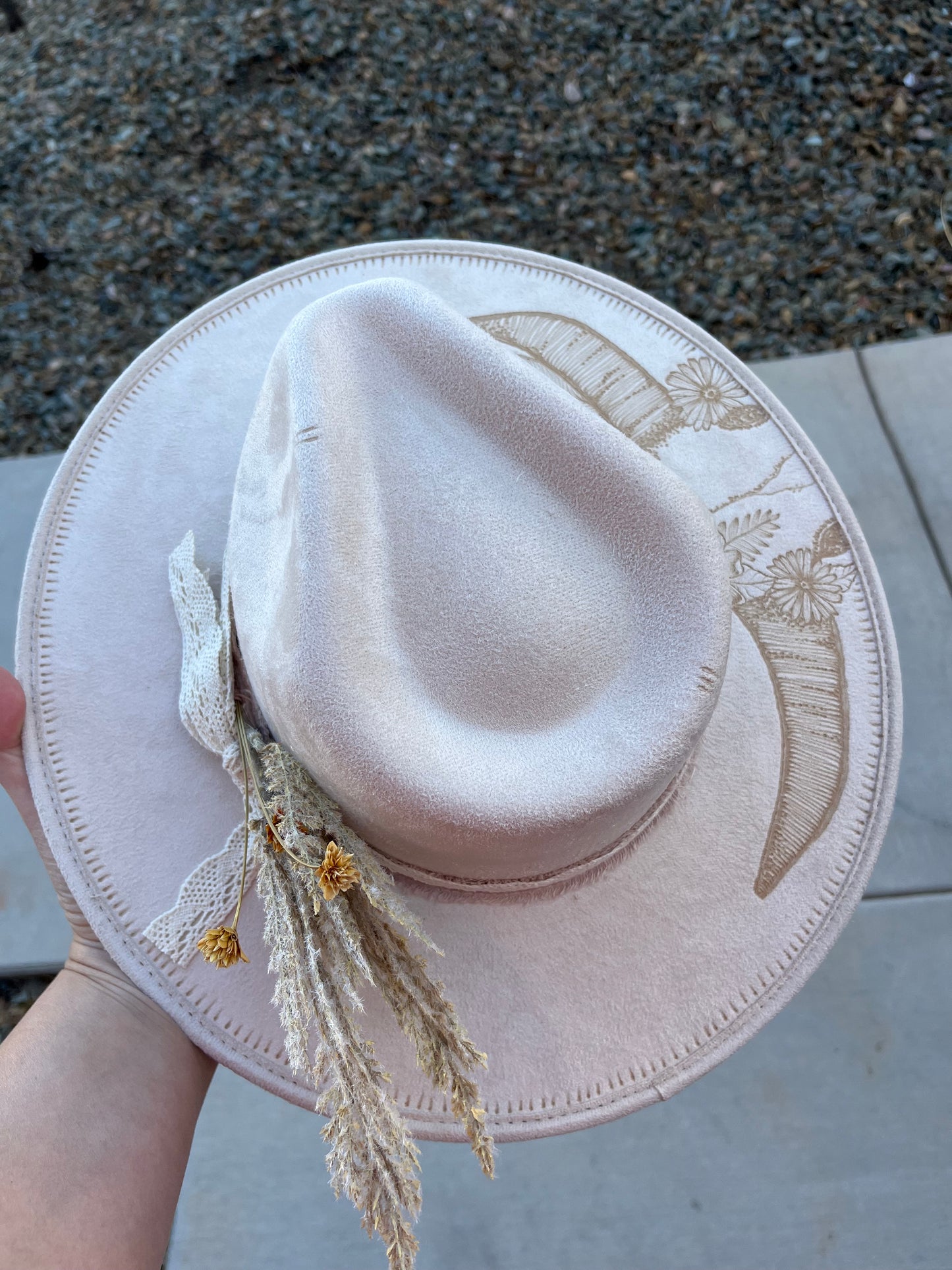 Ivory steer head bridal  burned suede wide brim rancher hat