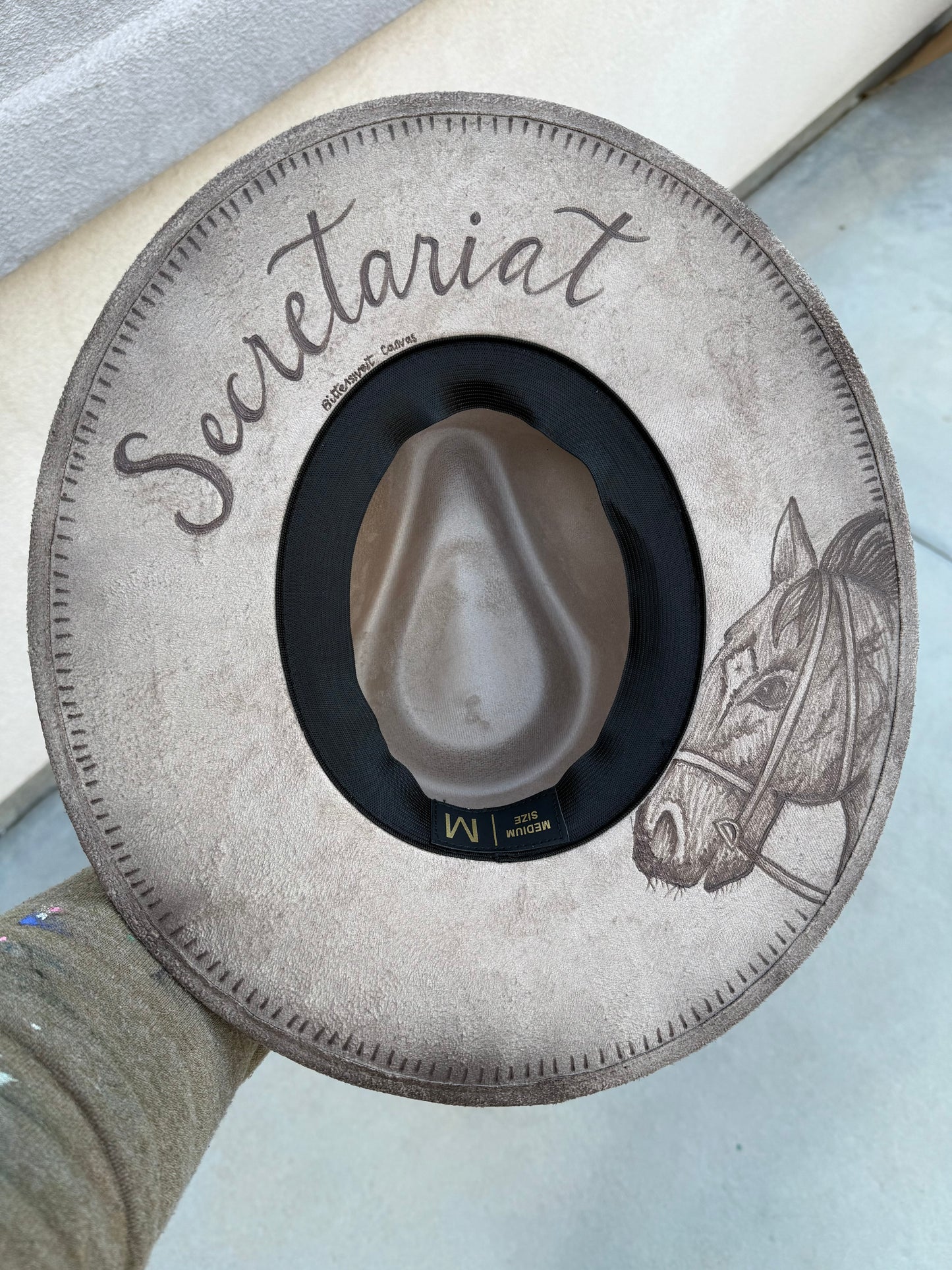Secretariat race horse taupe suede wide brim rancher hat