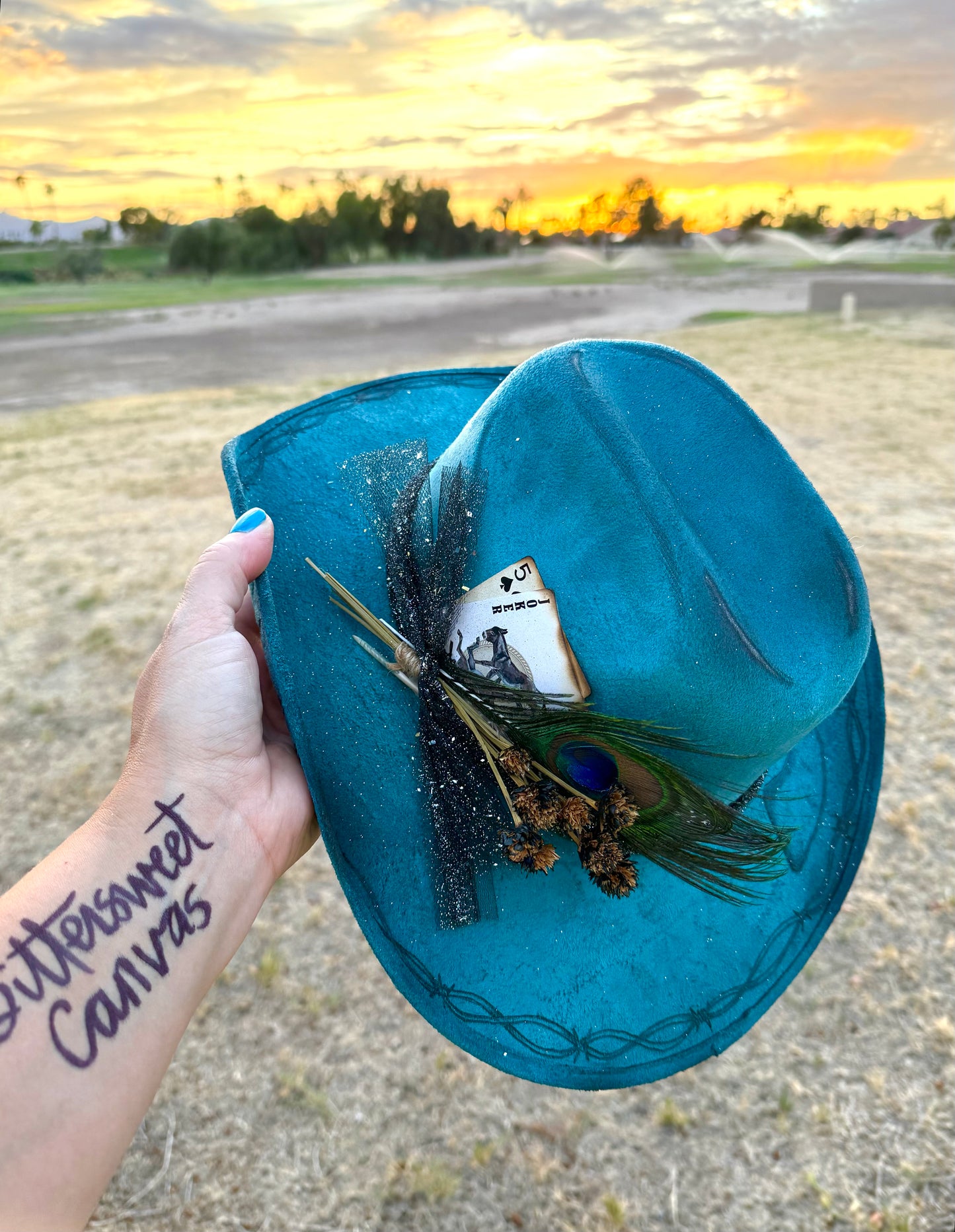 Teal bless your heart cowboy burned suede wide brim rancher hat