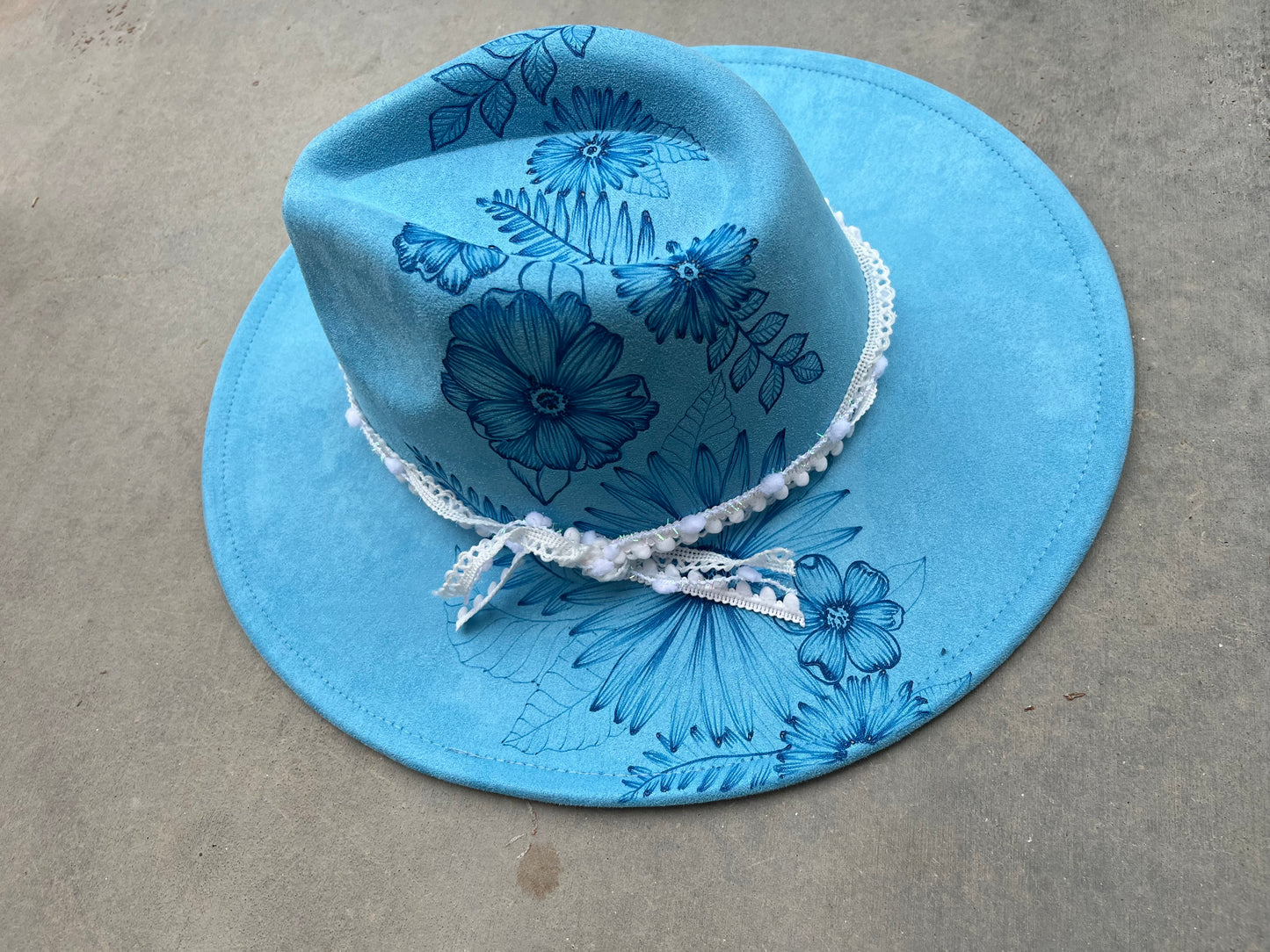 Sky blue floral burned suede wide brim rancher hat