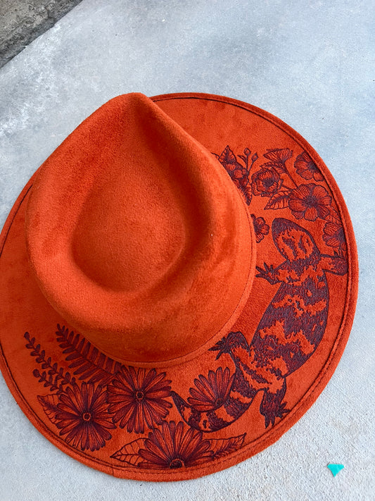 Orange gila monster felt wide brim rancher hat