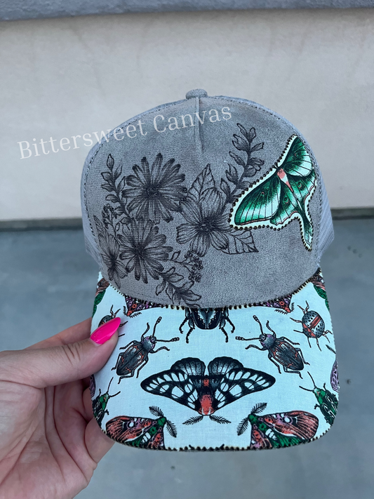 Grey insect floral burned trucker hat custom ball cap SnapBack