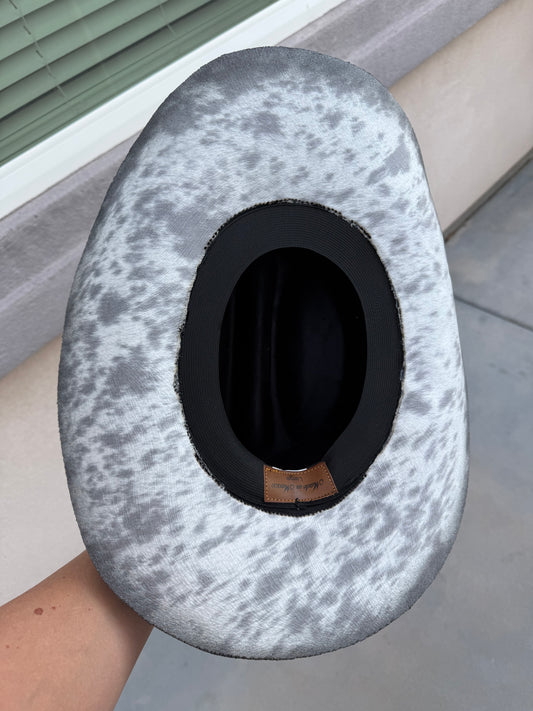 Black cow hide fabric lined burned suede wide brim  cowboy hat