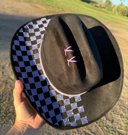 Black purple rhinestone burned suede wide brim cowboy hat