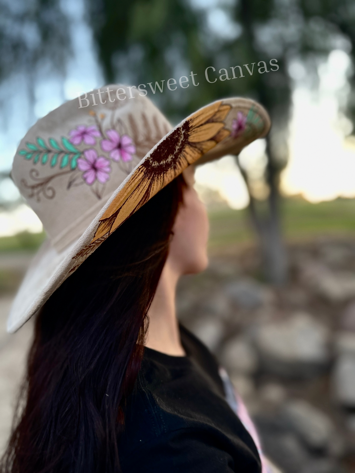 Beige colorful floral burned suede wide brim cowboy hat