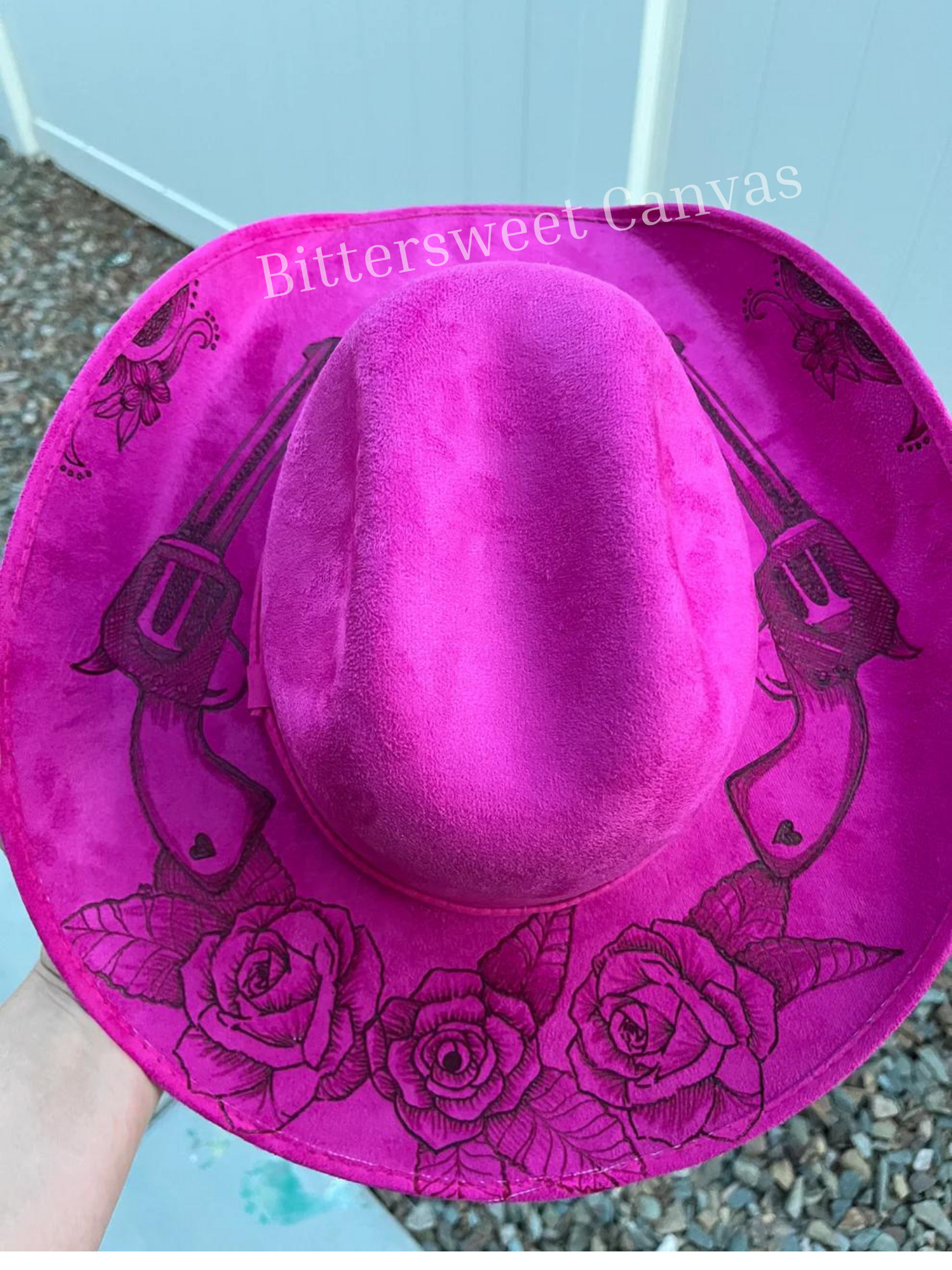 Pink revolver gun rose floral burned suede wide brim cowboy hat