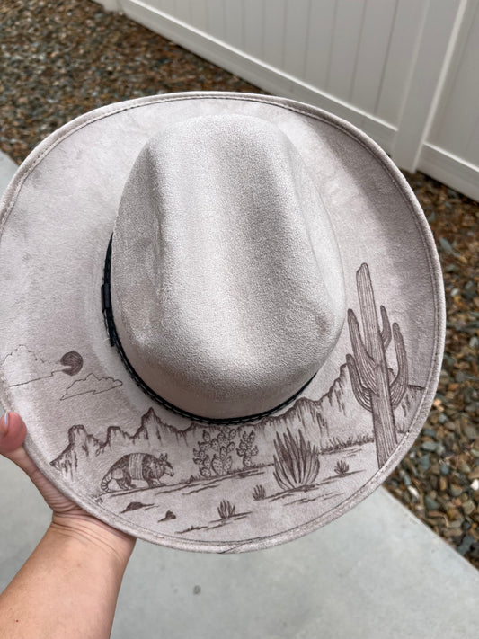 Grey desert armadillo burned suede wide brim cowboy hat