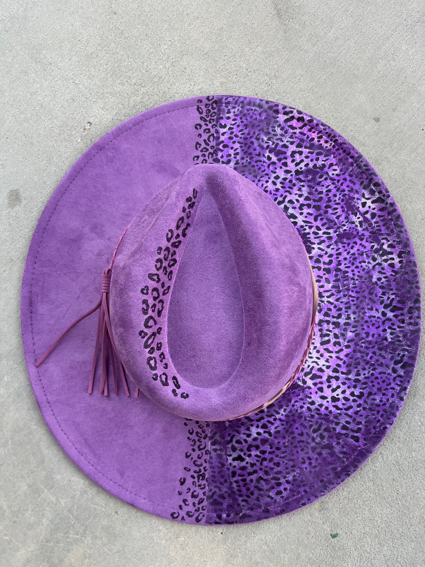 Purple metallic leopard print burned suede wide brim rancher hat