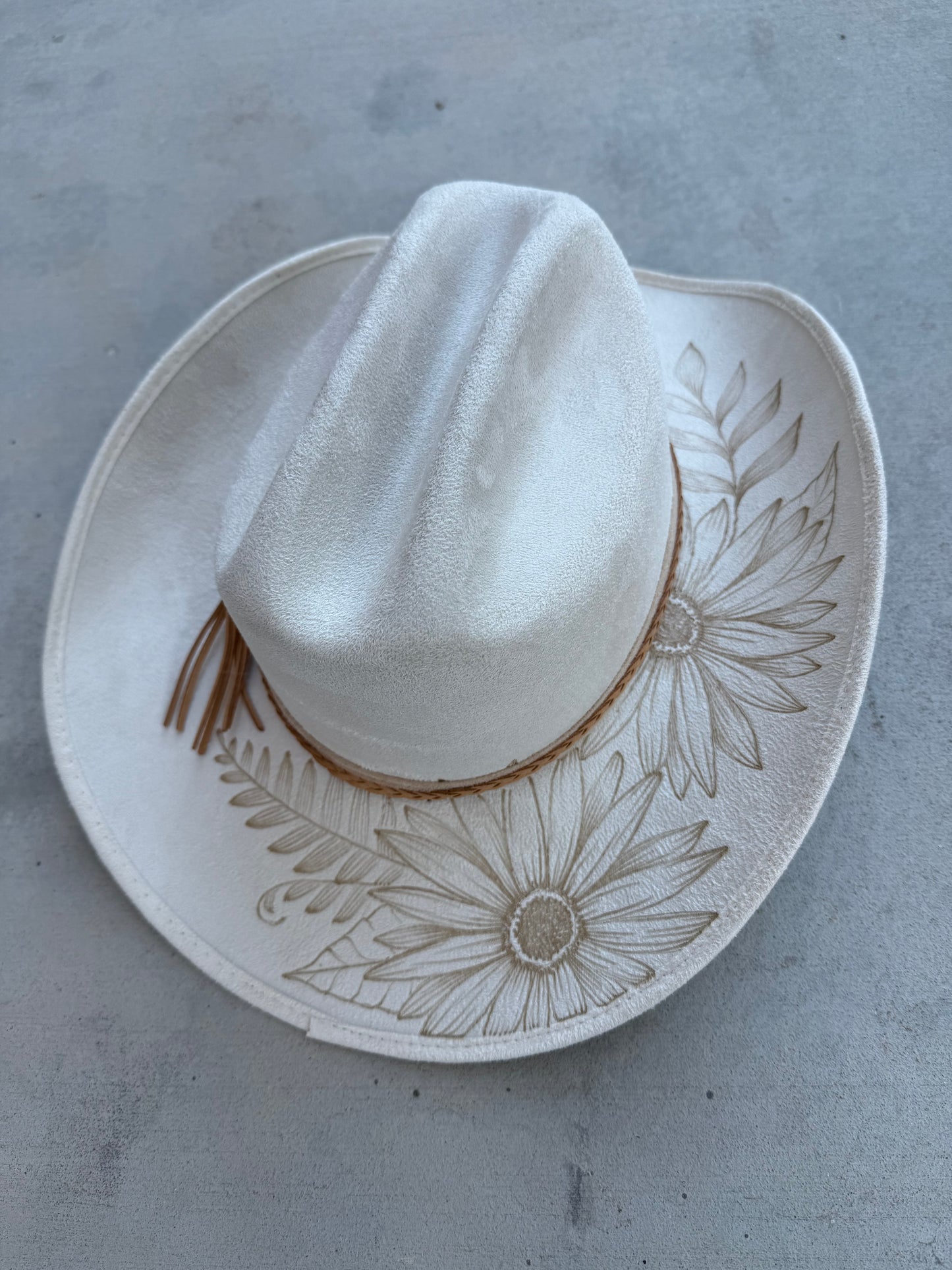 Ivory full floral suede wide brim rancher hat