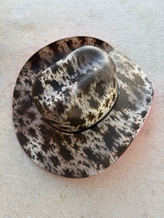 Peppered cow hot pink straw wide brim cowboy hat