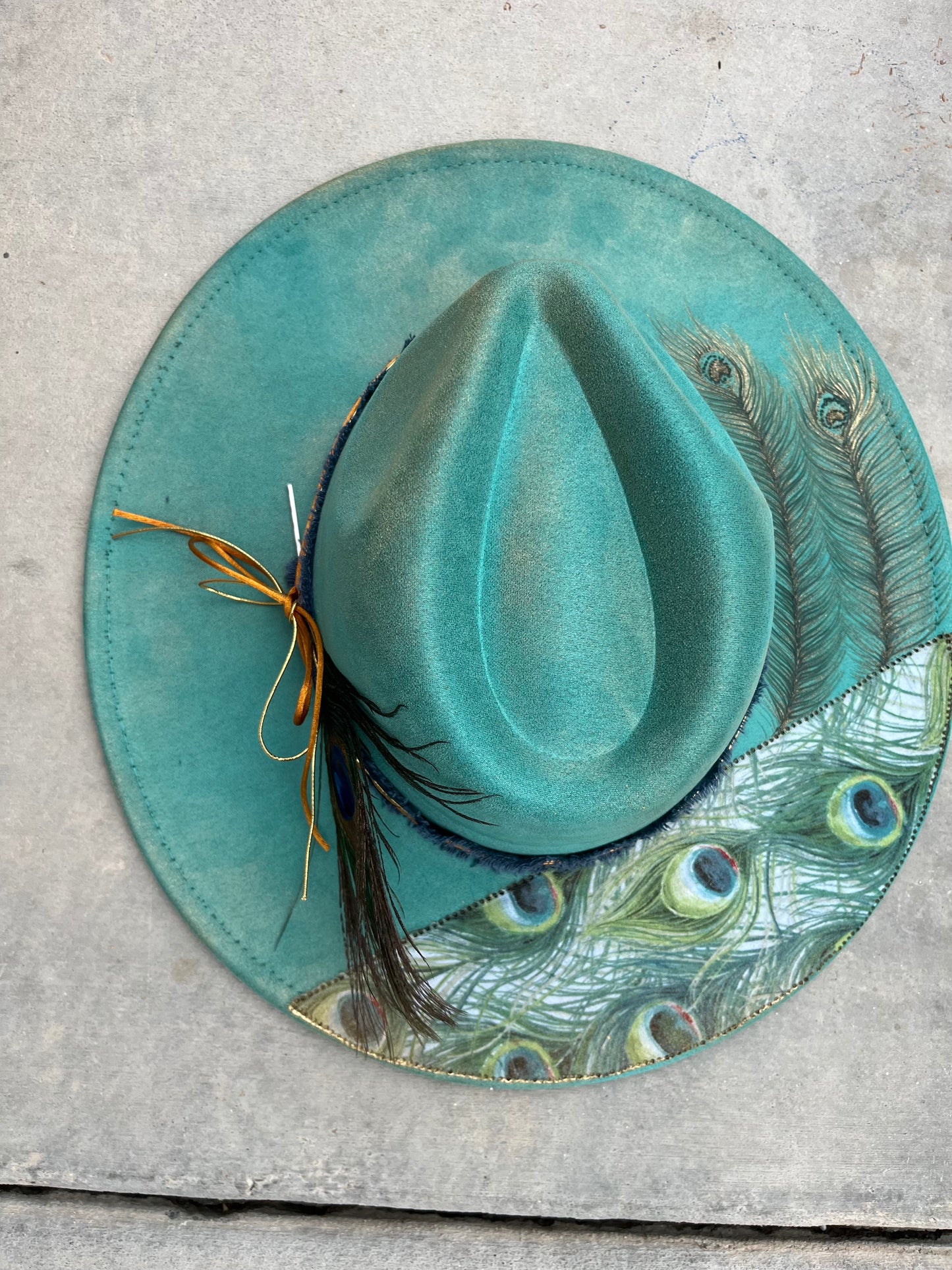 Teal peacock fabric lined floral burned bee suede wide brim rancher hat
