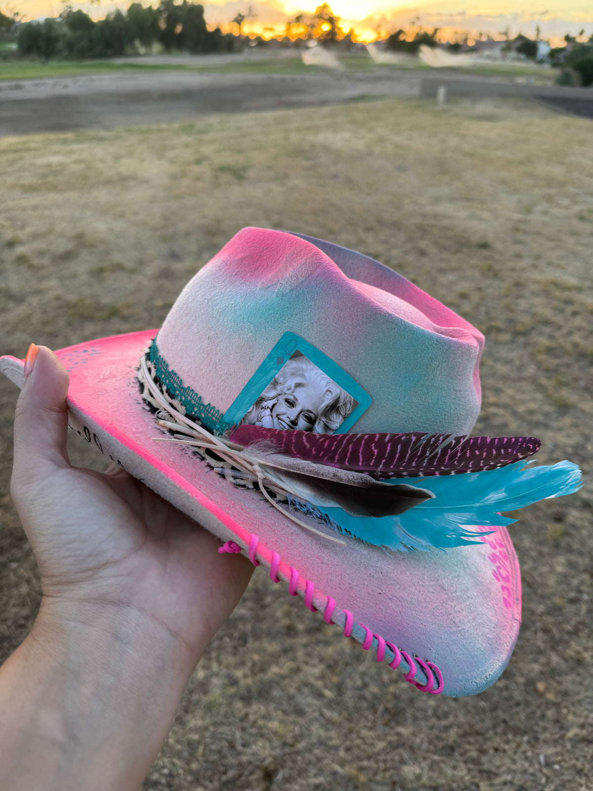Pink blue heart corazon dolly  burned suede wide brim rancher hat
