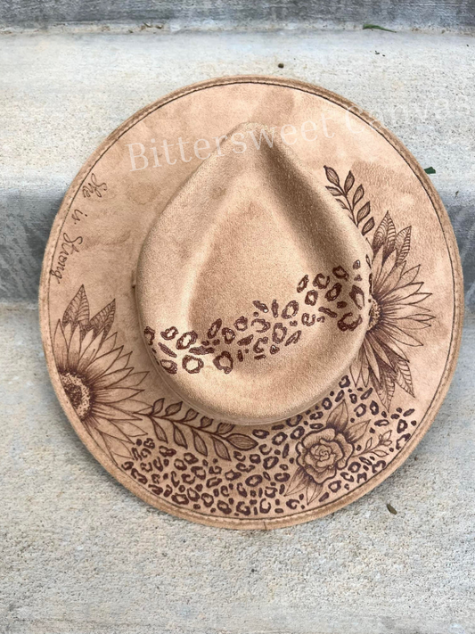 Leopard floral tan burned suede wide brim rancher hat