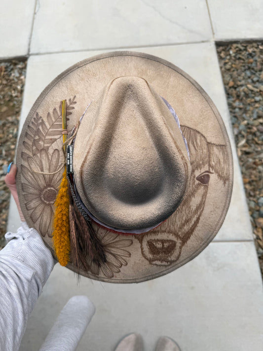 Tan floral cow hide suede wide brim rancher hat