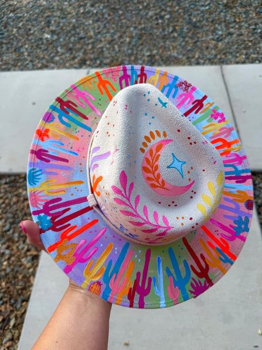 Colorful cactus ivory suede wide brim rancher