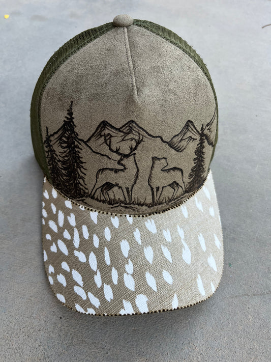 Deer mountain olive green burned ball cap