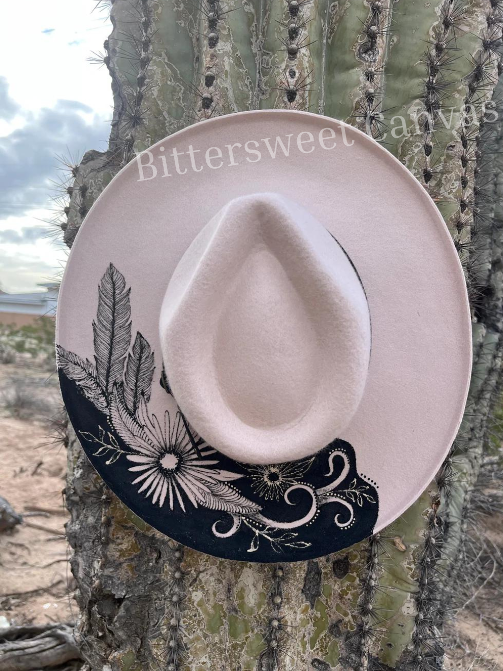 Western boho floral feather ivory felt wide brim rancher hat