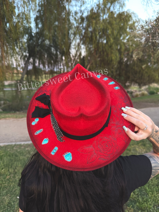 Red Queen of hearts vegan suede wide brim hat