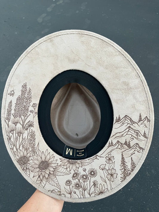 Taupe floral under brim suede wide brim rancher hat