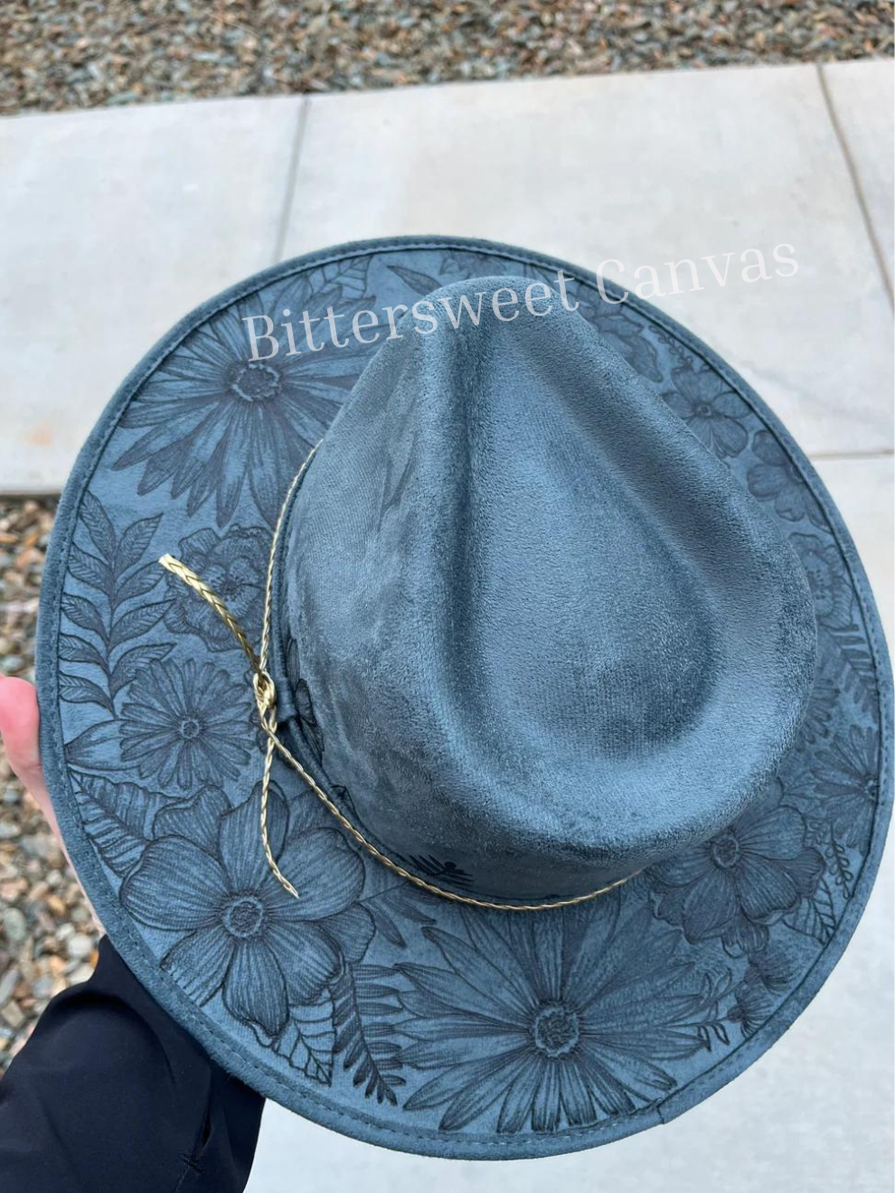 Steel blue  full floral suede wide brim rancher hat