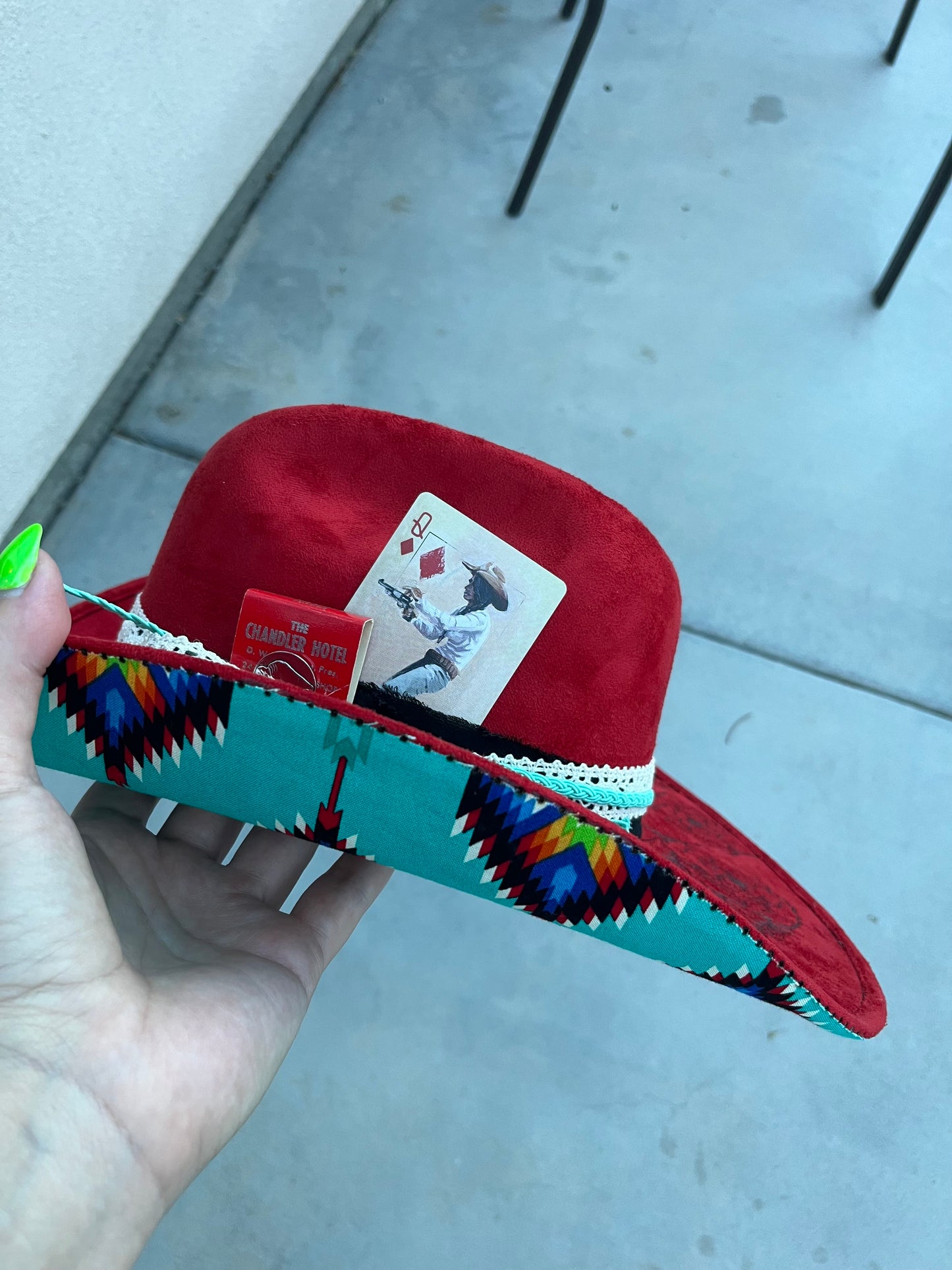 Red rose revolver fabric lined burned suede wide brim cowboy hat