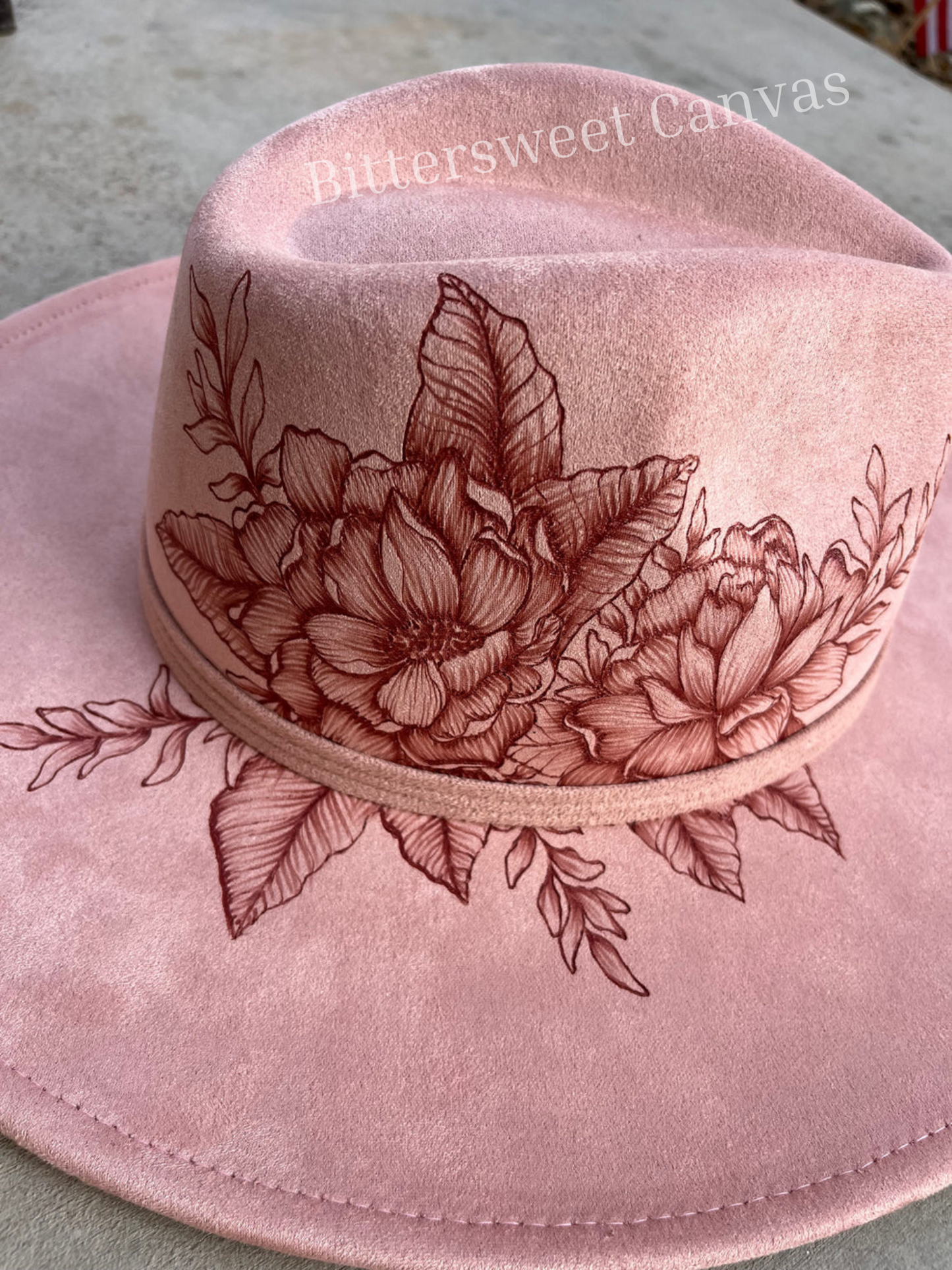 Blush pink floral burned suede wide brim rancher hat