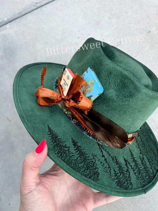 Green tree arrow burned fabric lined felt wide brim rancher hat